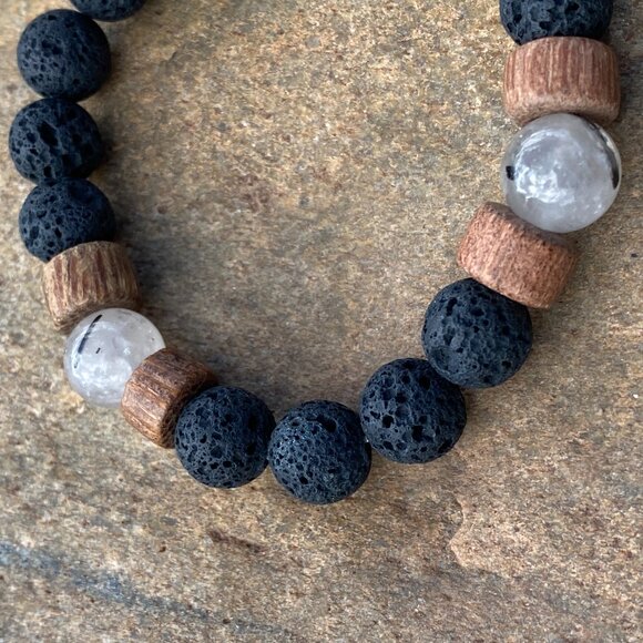 Wanderer and Gatherer Bracelet - Tourmalined Quartz, Bamboo, and Lava SM/SM-MED - Picture 2 of 5